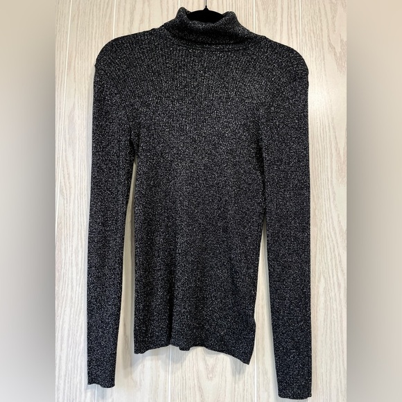 Express M Tight Ribbed Black Silver Metallic Turtleneck Sweater Sparkle EUC - Picture 1 of 3
